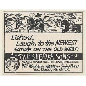  1954 Bill Wimberly Western Swing The Sheriff Song Print Ad 